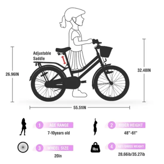 NAYSAYE Girls Bike 20 Inch for Kids 7 to 10 Years Old with Durable Steel Frame for Outdoor Adventures, Purple, 55.51"*21.26"*32.48" image {3}