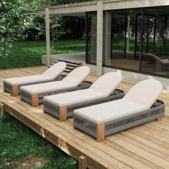 Set of 2 Outdoor Acacia Wood Chaise Lounge with Adjustable Backrest, Rope Accent Pool Lounge Chair, Waterproof Cushion Garden Lounger-Coolbibila image {2}