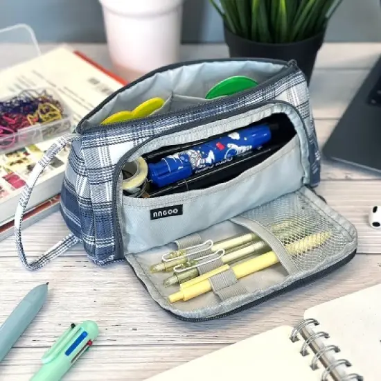 Wrapables Large Capacity Pencil Case, Portable Pencil Pouch for Stationery Office Supplies, Plaid Blue image {3}