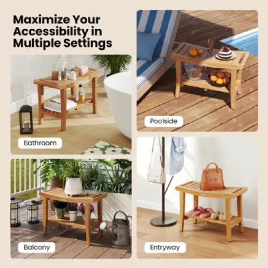 Tangkula 30" Large Teak Shower Stool w/ Storage Shelf Non-slip & Adjustable Foot Pads image {7}