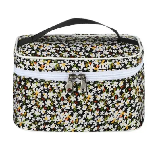 Unique Bargains Portable Peony Travel Cosmetic Bag Black 1 Pc image {3}