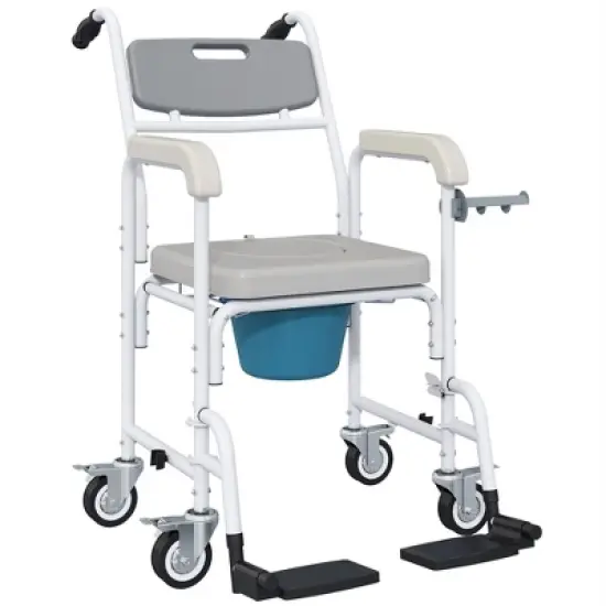 HOMCOM Shower Wheelchair, Commode Wheeled Chair with Seat, Backrest, Arms, Locking Wheels, for Seniors, Adults, Injured or Disabled, Gray image {3}