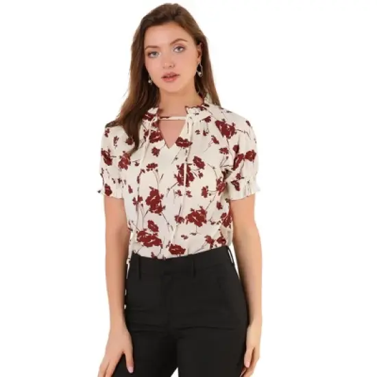 Allegra K Women's Ruffle Tie V Neck Casual Smocked Short Sleeve Floral Top Blouse image {6}