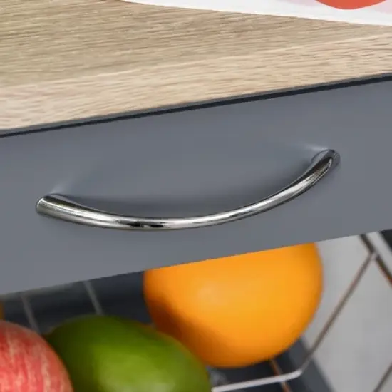 HOMCOM Mobile Rolling Kitchen Island Trolley Serving Cart with Underneath Drawer & Slide-Out Wire Storage Basket, Grey image {4}