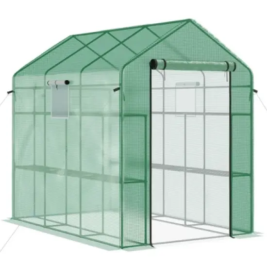 Outsunny Walk-in Greenhouse, 2-Tier Shelf Hot House, Roll Up Zipper Door, UV protective for Flowers, Herbs, Vegetables image {6}
