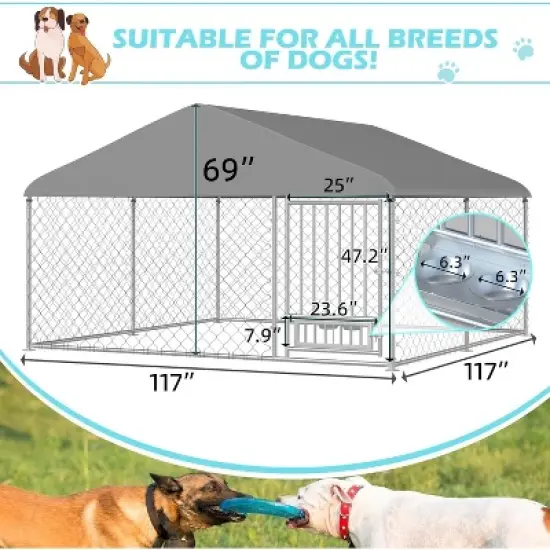 Erommy 10'x10' Outdoor Dog Kennel, Heavy Duty Large Dog Kennels with Waterproof Cover and Rotating Feeding Door image {4}
