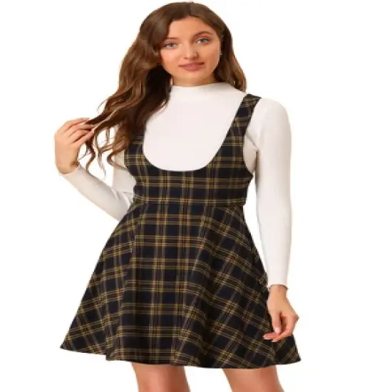 Allegra K Women's Pinafore Overall Tartan Checks Braces A-line Suspender Skirt image {7}