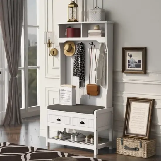 68.9" Multifunctional Hall Tree - Entryway Organizer with Coat Rack, Shoe Storage & 2 Drawers, White image {6}