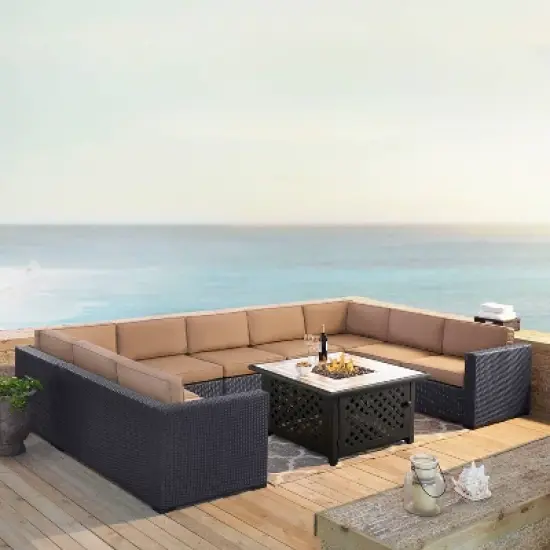 Biscayne 6pc Outdoor Wicker Sectional Set with Fire Table - Mocha - Crosley image {1}