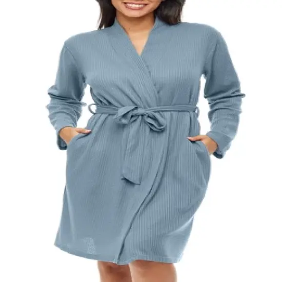 Women's Soft Ribbed Waffle Rib Knit Wrap Robe with Pockets, Lightweight Bathrobe image {10}