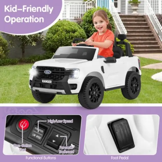 Infans 12V Licensed Ford Ranger Ride On Car for Kids, Spring Suspension, 3 Speeds, Horn, LED Lights, Powered Ride On Toy with Remote Control, White image {4}