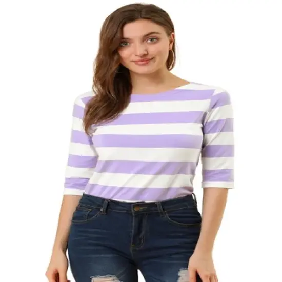 Allegra K Women's Elbow Sleeves Casual Basic Boat Neck Slim Fit T-Shirts image {7}