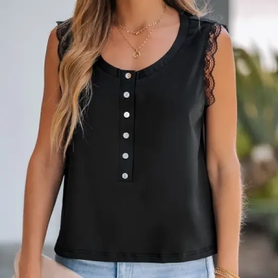 Women's Scalloped Lace Buttoned Top - Cupshe image {6}