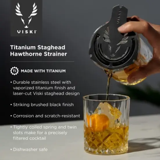 Viski Titanium Staghead Hawthorne Strainer - Laser Cut Cocktail Strainer for Drinks with Springs and Scratch Resistant Titanium Finish - Set of 1 image {1}