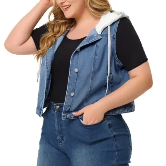 Agnes Orinda Women's Plus Size Button Down Drawstring Hood Denim Utility Jacket with Pocket image {5}