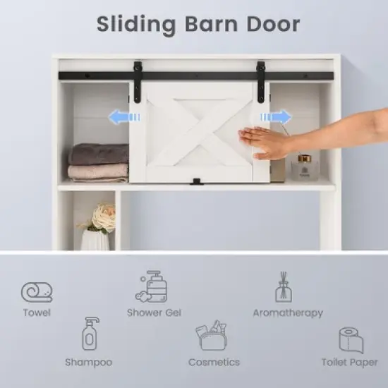 Costway Over the Toilet Bathroom Storage Cabinet with Sliding Barn Door & Shelves White image {4}