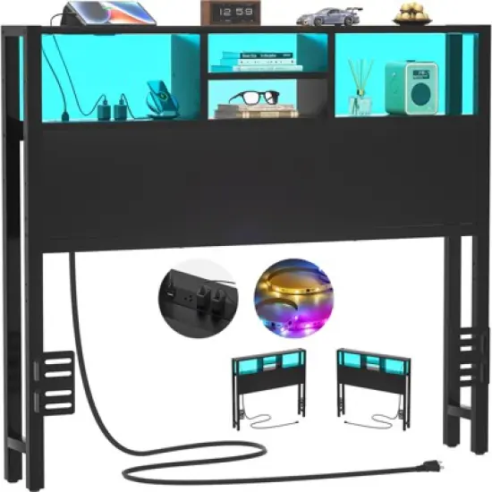 Aheaplus Storage Headboard with Power Outlets & Led Lights, Height Adjustable, Reversible Headboard image {2}
