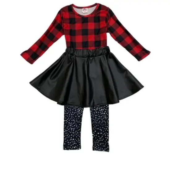 Girls Spotted In Plaid Top, Skirt & Legging Set - Mia Belle Girls image {1}