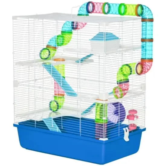 PawHut Extra Large 23" Hamster Cage with Tubes Tunnels Portable Carry Handles, Rat House and Habitats 5-Tier with Wheel Water Bottle Food Dish image {3}