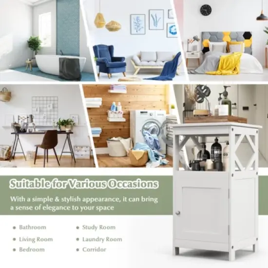 Tangkula Bathroom Floor Cabinet Single Door Storage Cabinet with Open Compartment Anti-Toppling Device Grey/White image {7}