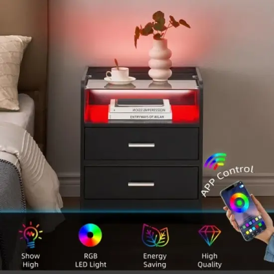 Nightstand with LED Lights and 2 Storage Drawers image {4}