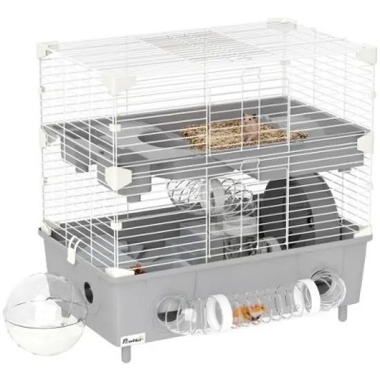 PawHut 2-Tier Hamster Cage, Hamster Habitat with Sand Bathroom, Running Wheel, Water Bottle, Tubes, Accessories, 17.5" x 11" x 17", Gray image {6}