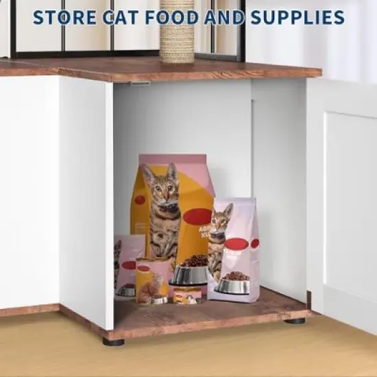 GustoWave Multi-layer 48.8'' Wooden Cat Tree Litter Box Enclosure, Hidden Litter box with Storage Cabinet, Scratching Post Board Toy Balls image {3}