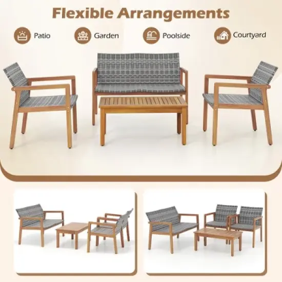 Tangkula 4-Piece Patio Furniture Set PE Rattan Patio Bistro Set with Loveseat Single Chairs & Coffee Table Outdoor Acacia Wood Conversation Set image {4}