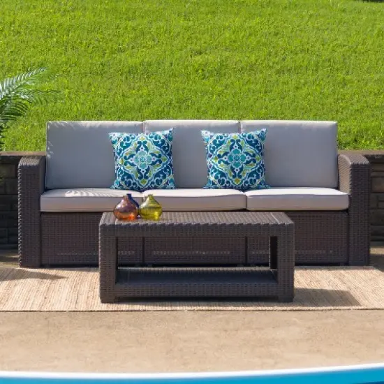 Flash Furniture Chocolate Brown Faux Rattan Sofa with All-Weather Beige Cushions image {1}