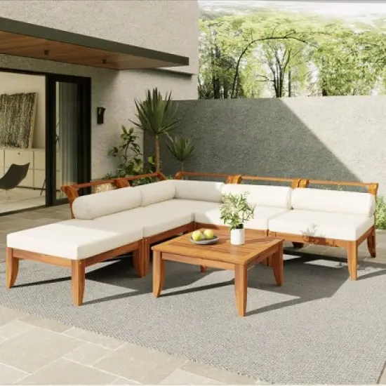 FIONECA 6-Piece Acacia Wood Patio Sofa Set, L-Shaped Modular Sectional with Daybed, Tea Table & Cushions, Teak + Beige image {16}