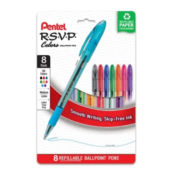 Pentel&reg; R.S.V.P. Colors Ballpoint Pen, (1.0mm), Assorted Ink, 8-Pack image {3}