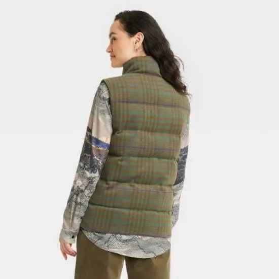 Houston White Adult Puffer Vest - Green Plaid image {1}