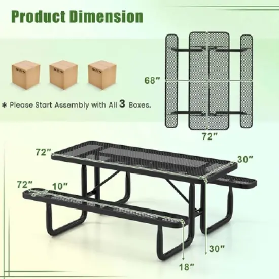 Costway 72" Coated Steel Camping Table with Seats Outdoor Picnic Table & Bench Set for 8 Black image {3}