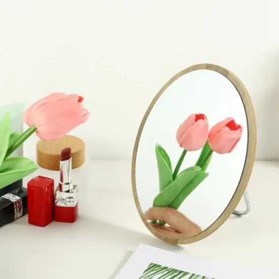 Unique Bargains Natural Wooden Foldable Makeup Mirror Beige 1 Pc image {1}