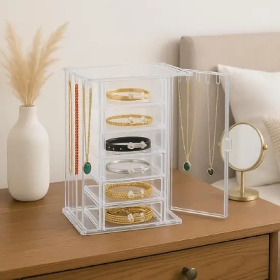 OnDisplay Clear Acrylic Jewelry Organizer Box with 6 Drawers and Side Hooks &ndash; Makeup, Necklace, and Accessory Storage for Dresser or Vanity image {1}