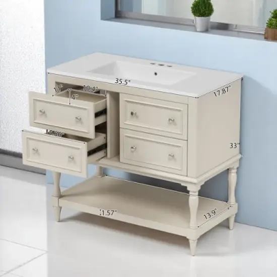 Mshliw 36 Inch Bathroom Vanity with Sink Combo, Modern Freestanding Cabinet with 4 Drawers and Shelf, Solid Wood Frame and Ceramic Basin(Black) image {5}