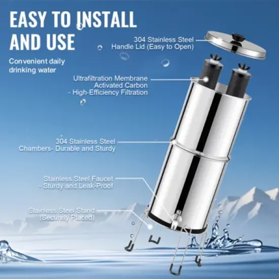 VEVOR Gravity-fed Water Filter System, 2.25G 304 Stainless-Steel Countertop Water Filtration System, Reduces Lead and up to 99% of Chlorine image {6}