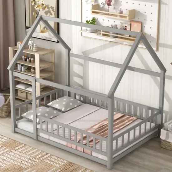 Okak Full Size Bed Frame with House-Style Roof & Fences,Modern Floor Bed for Toddlers/Kids Bedroom image {3}