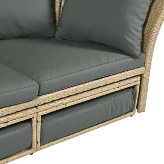 Maliang Outdoor Patio Daybed, Wicker Rattan Round Sofa Furniture Set with Retractable Canopy, 4 Pillows for Lawn Garden Backyard Pool image {4}