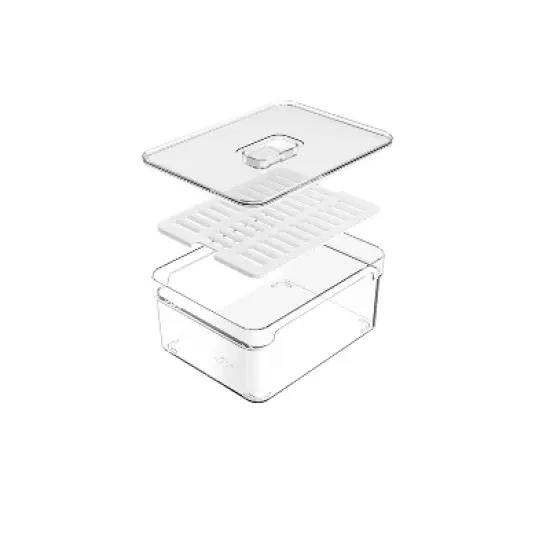 OU Fridge Organizer Bin with Drain Tray & Vented Lid, 2.3qt Clear Stackable Refrigerator Storage Bin, Produce Kitchen Storage Container, BPA Free image {4}