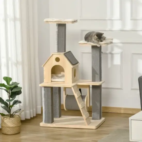 FURNIinspire Cozy-House Cat Tree for Indoor Cats with Pillow-Covered Perches, Spinning Toy, Modern Climbing Activity Cat Tower, 27.5"*19.8"*49.3" image {3}