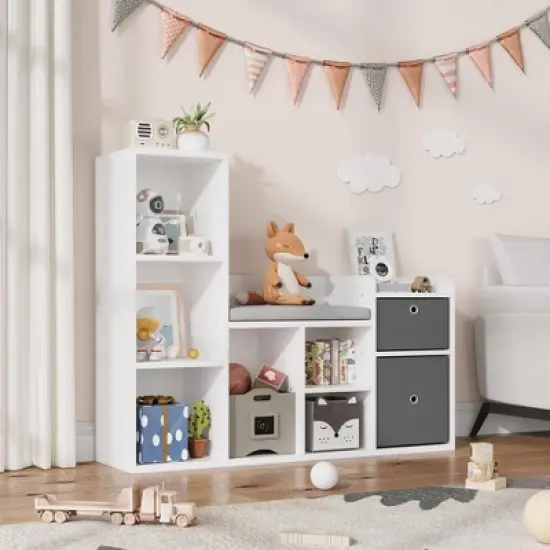 Kids Bookshelf, Children Bookcase with Soft Cushion Seat &ndash; Children&rsquo;s Toy Storage Cubby & Reading Nook, 44.1" Kids Storage Cabinet for Playroom image {8}