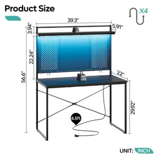 Bestier Gaming Desk with Power Outlets & LED Light, 39.3'' Computer Desk Office Table with Storage Shelves Pegboard image {4}