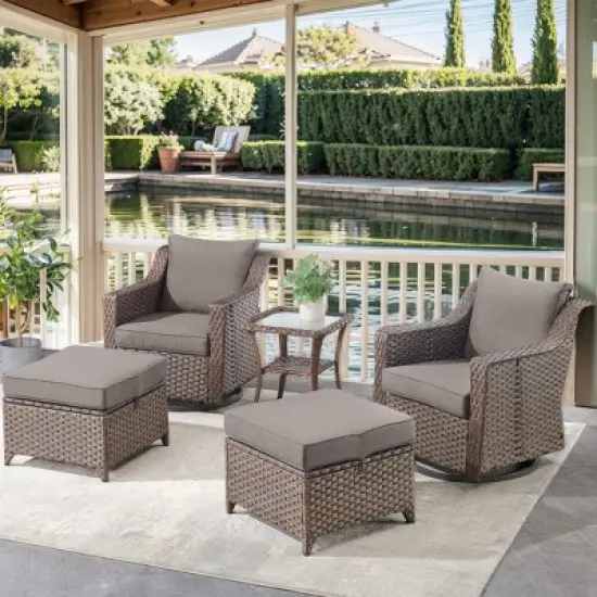 5 Pieces Patio Furniture Set, Wicker Rattan Outdoor Conversation Set with Patio Swivel Chairs, Ottoman and Side Table, Patio Set for Balcony image {13}