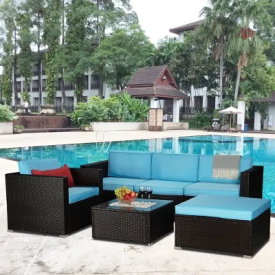 6pc Outdoor Rattan Wicker Set with Sofas, Chairs, Coffee Table & Ottoman - Brown/Blue - GODEER image {1}