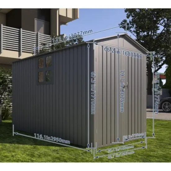 GDFStudio Saxon Motorcycle Outdoor Steel Storage Shed with Window and Tracks image {2}