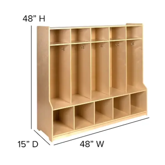 Flash Furniture Wooden 5 Section School Coat Locker with Bench, Cubbies, and Storage Organizer Hook-Safe, Kid Friendly Design - 48"H x 48"L (Natural) image {4}