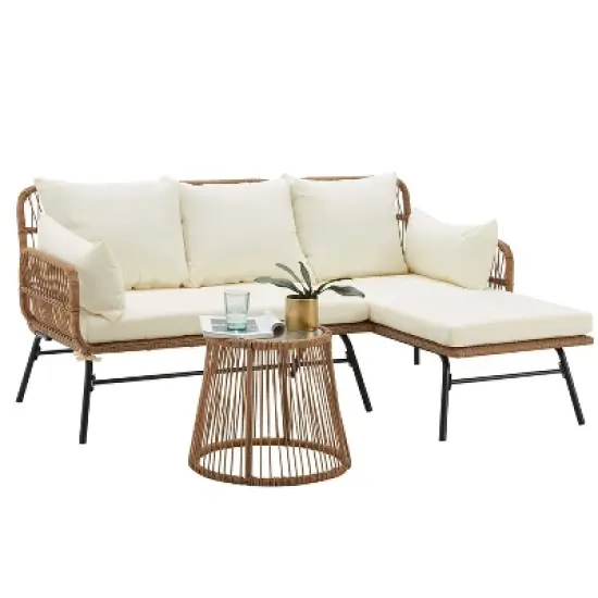 Modern L-Shaped Rattan Patio Set - Detachable Lounger, Tempered Glass Table & All-Weather Cushions for Poolside/Balcony image {4}