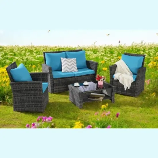 Mshliw 4-Piece Outdoor Patio Furniture Set, Garden Wicker Sofa with Tempered Glass Coffee Table, Poolside Lawn Chairs, Cushions, Modular Design image {3}