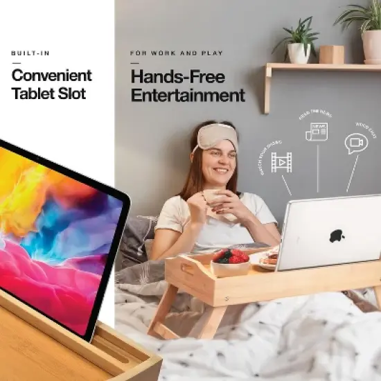 2 Pack Bamboo Bed Tray with Folding Legs, Device Holder, and Handles - 15.75" x 12" x 8.75", Perfect for Laptops, Meals, and Drinks Homeitusa image {4}